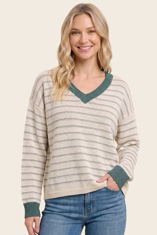 Jade Color Accent V Neck Sweater