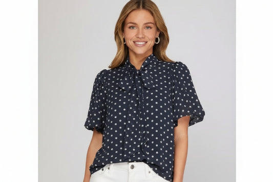 Rally Puff Sleeve Woven Polka Dot Top With Bow