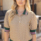 Golden Quarter Button Stripe Band Checker Print Knit Top