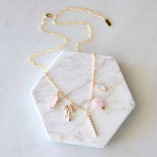 Rose Quartz Opalite Bow Charm Necklace
