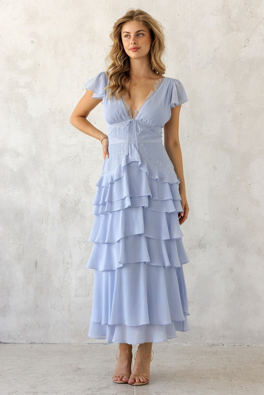 Santa Fe Lace Trim Tiered Ruffle Maxi Dress