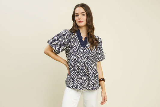 Miller Printed Puff Sleeve Ruffle Neck Top