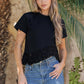 Paducah Ruffle Frill Asymmetric Hem Mixed Media Knit Tee Top
