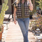 Harvest Silver Grommet Solid Suede Contrast Plaid Top