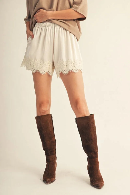 Nora Satin Shorts with Lace Trim