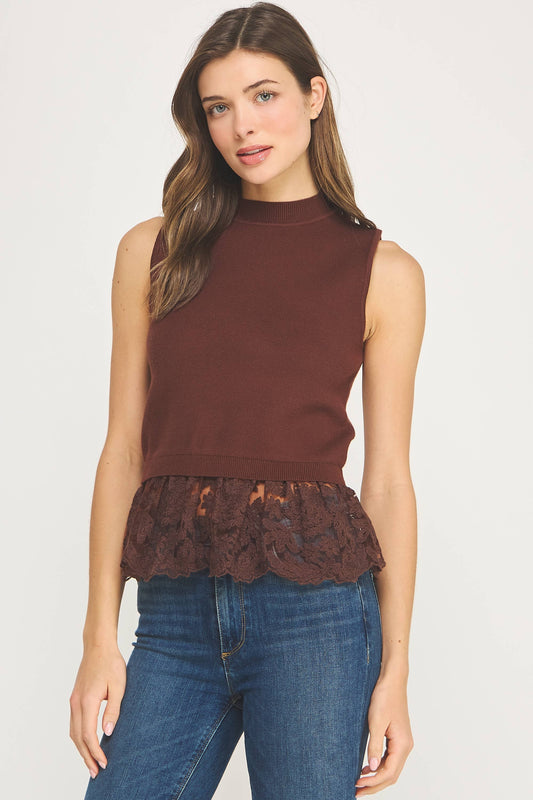 Richmond Lace Contrast Mock Neck Sleeveless Knit Top