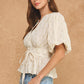 Somerset Dotted Textured Puff Sleeve Tie Waist Peplum Top