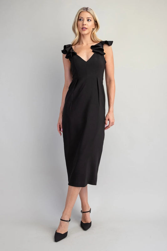 Glam V Neck Flounce Shoulder Midi Dress