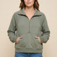 Front model view of sage pullover