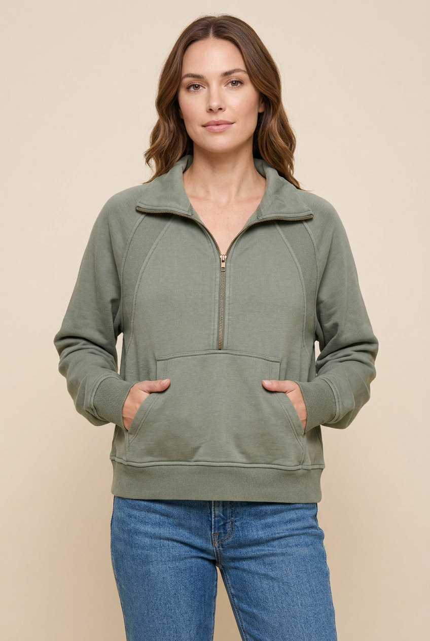 Front model view of sage pullover