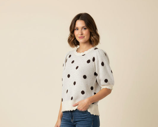 Portland Polka Dot Scallop Short Sleeve Sweater