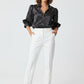 Shine Polka Dot Satin Puff Sleeve Button Down Blouse