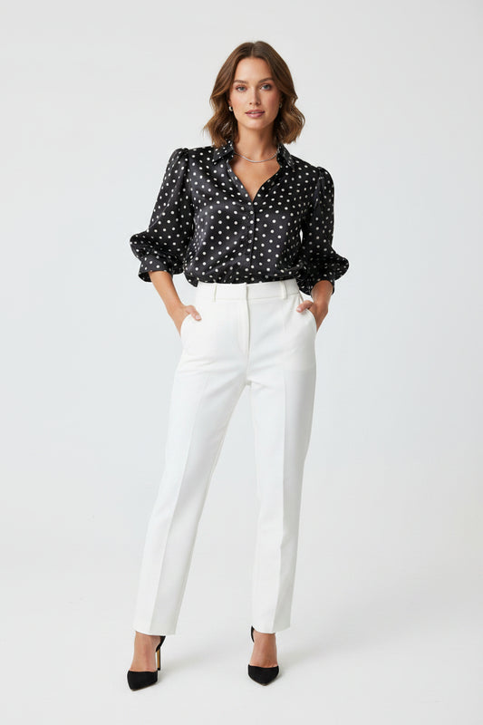 Shine Polka Dot Satin Puff Sleeve Button Down Blouse