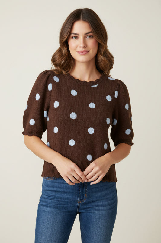Portland Polka Dot Scallop Short Sleeve Sweater