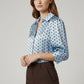 Shine Polka Dot Satin Puff Sleeve Button Down Blouse