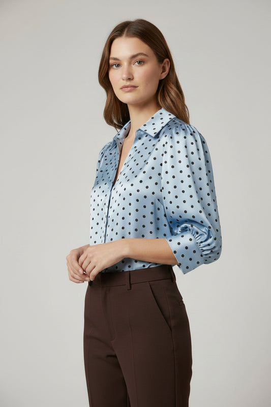 Shine Polka Dot Satin Puff Sleeve Button Down Blouse