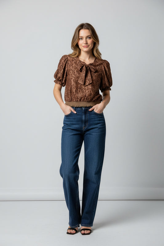 Burn Out Floral Top with  Large Front Bow Detail