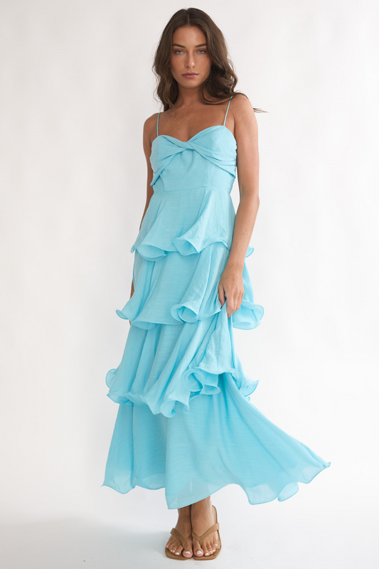 Tide Blue Spaghetti Strap Flutter Dress