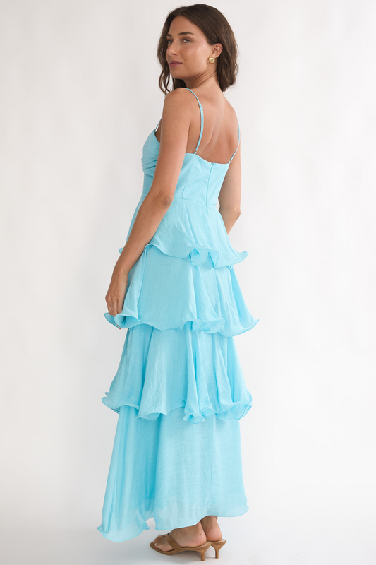 Tide Blue Spaghetti Strap Flutter Dress