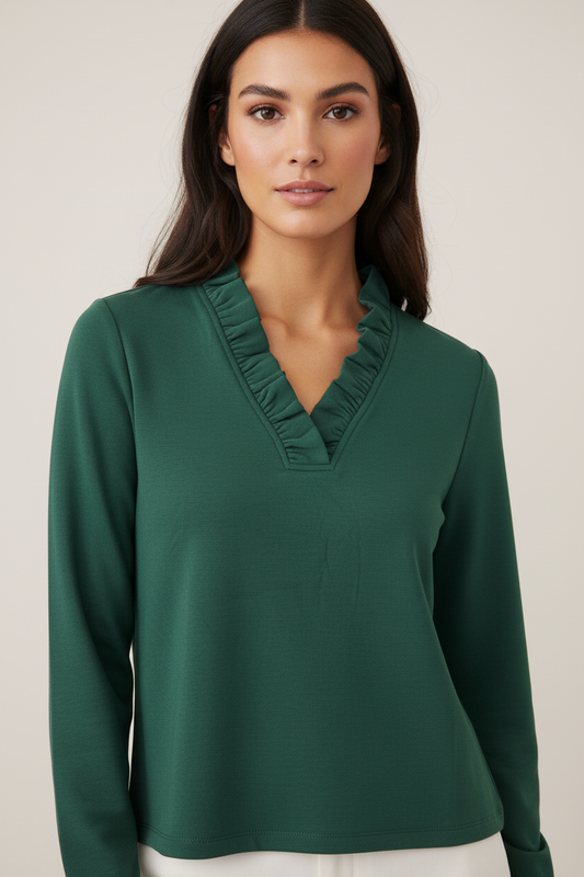 Emmy Ruffle V-Neck Long Sleeve Scuba Top