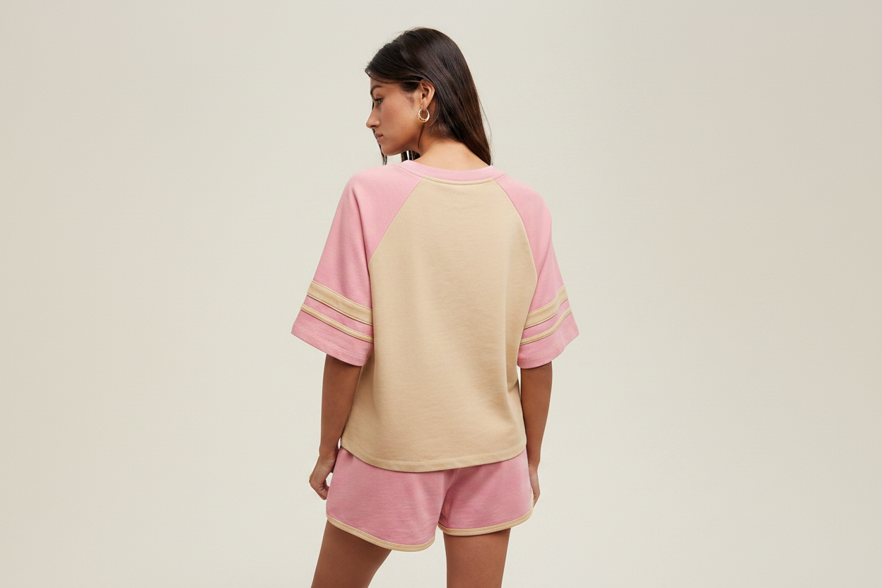 Back view - pink and tan raglan t-shirt and shorts set