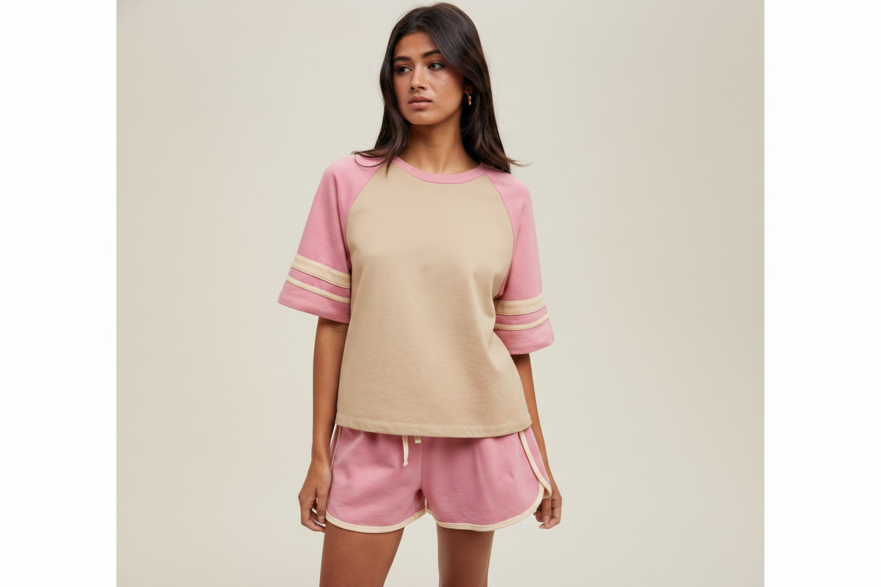 Pink and tan raglan t-shirt and shorts set