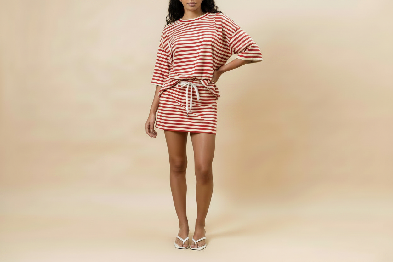 Red and Ivory Stripe Skort - Hand on Hip Landscape