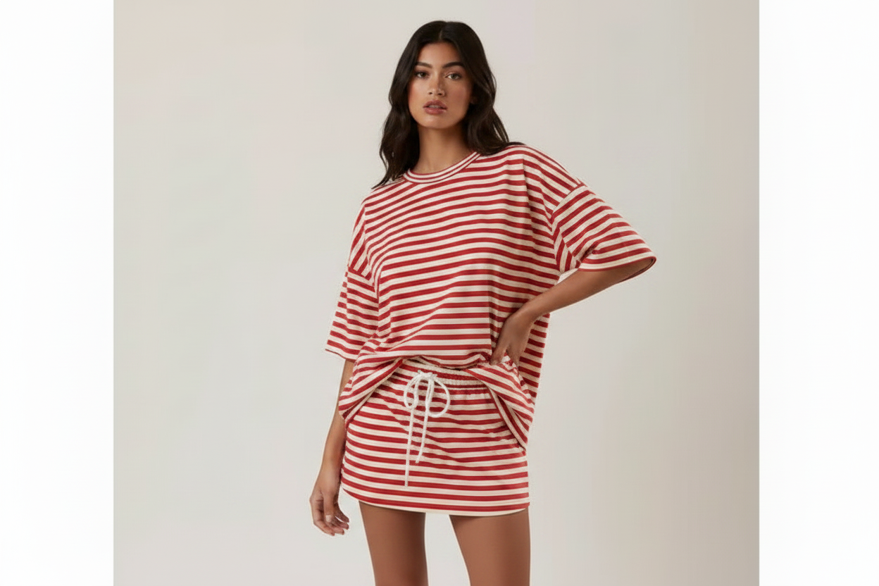Red and Ivory Striped Tee - New Pose