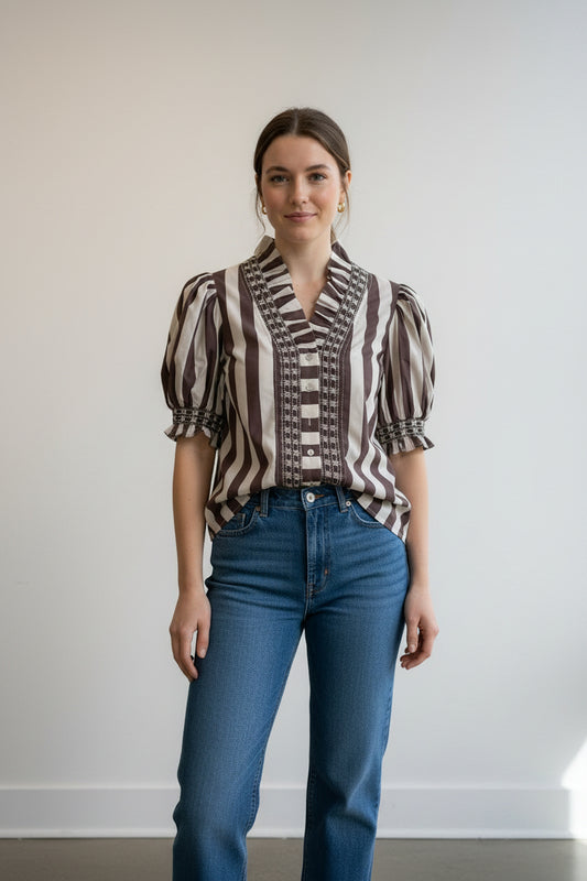 Huron Frill Collar Striped Short Sleeve Top