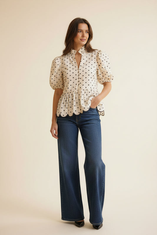 Whitehall Ruffle Collar Button Front Peplum Top