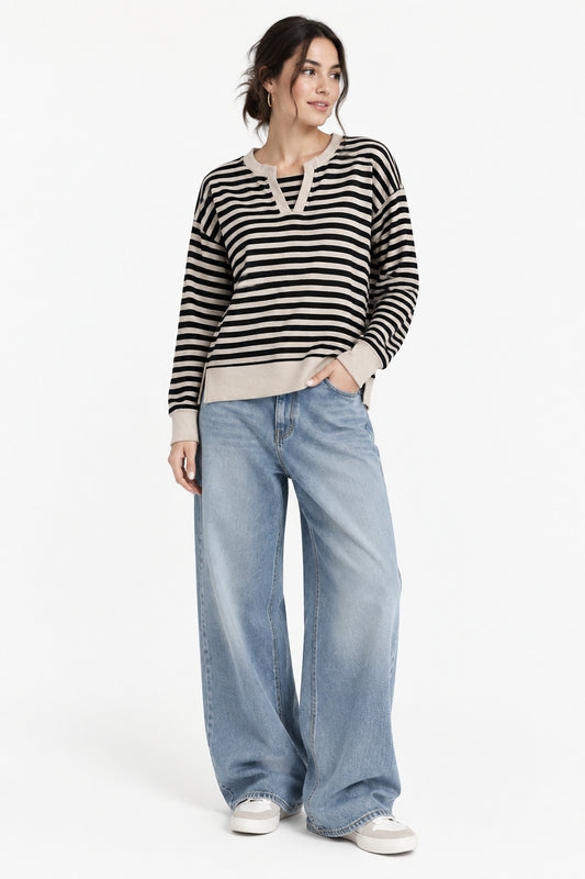 Rosa Notch Neck Long Sleeve Stripe Top