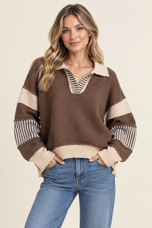 Hotel Collared V-Neck Color Block Pullover Sweater