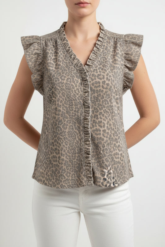 Dynasty Ruffled Detail Animal Print V Neck Top